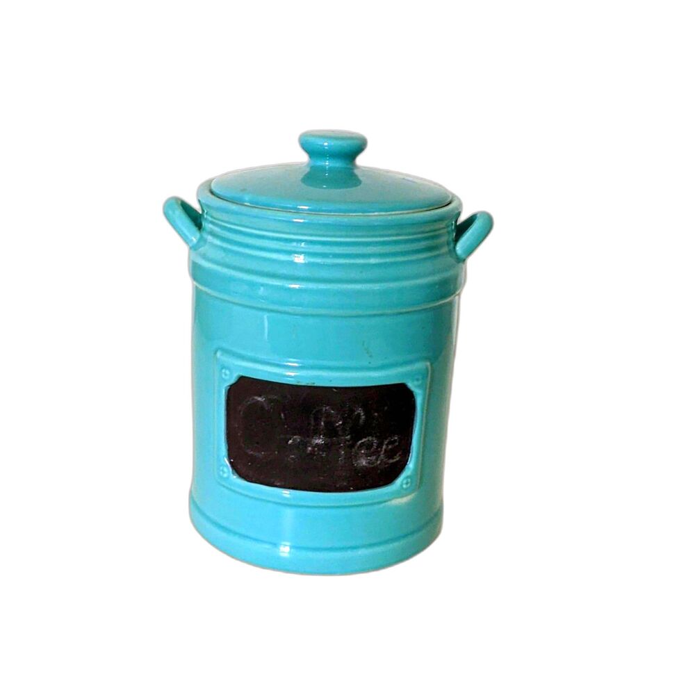 Kitchen Ceramic Teal Coffee Canister Container with Chalk Label